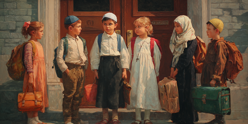 Children in diverse religious dress outside a public school capture the stakes of freedom of religion in education.