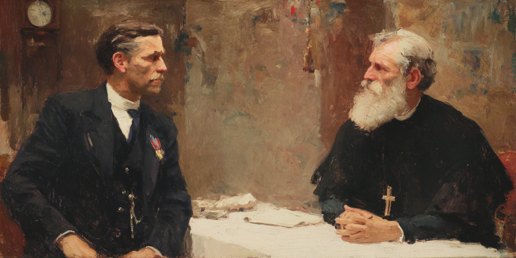 Two men with different callings sit across a table, evoking the unresolved dialogue between faith and democracy.