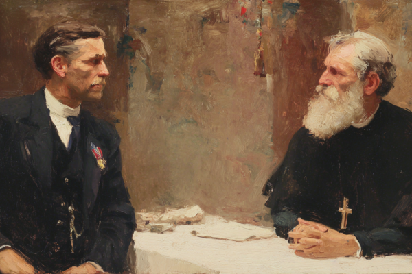 Latter-day Saints at Liberalism’s Crossroads: A Response to Hancock Two men with different callings sit across a table, evoking the unresolved dialogue between faith and democracy.