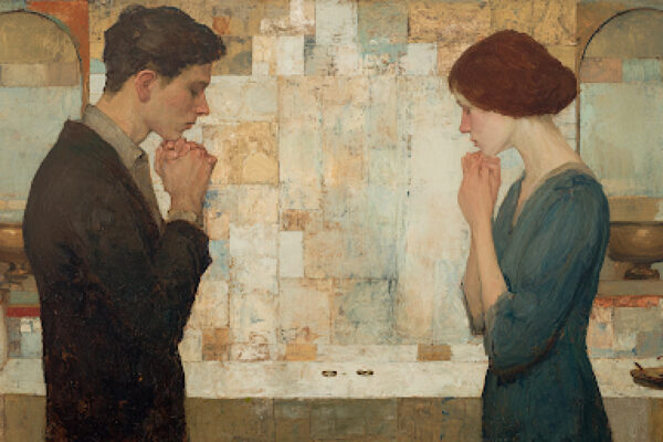 A couple prays separately with wedding rings behind them, representing distorted priorities in Christian marriage counseling.