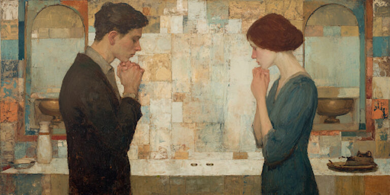 A couple prays separately with wedding rings behind them, representing distorted priorities in Christian marriage counseling.