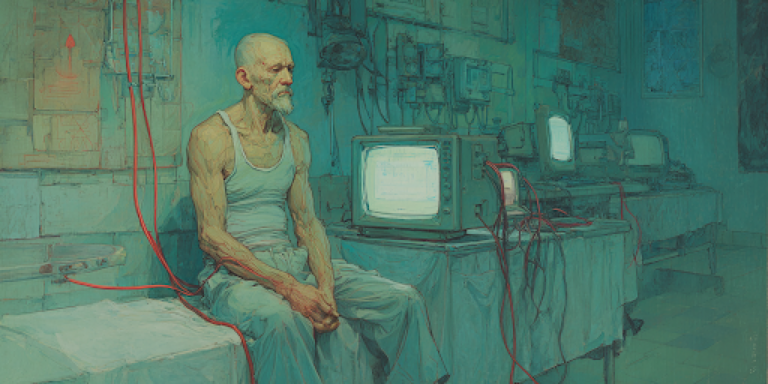 A preserved man in a lab sits lifelessly among machines, representing the emptiness of biological immortality.