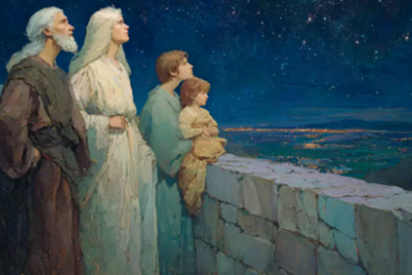 A divine family dressed in ancient Near Eastern robes stands above a city, evoking the historical roots of the elohim meaning.