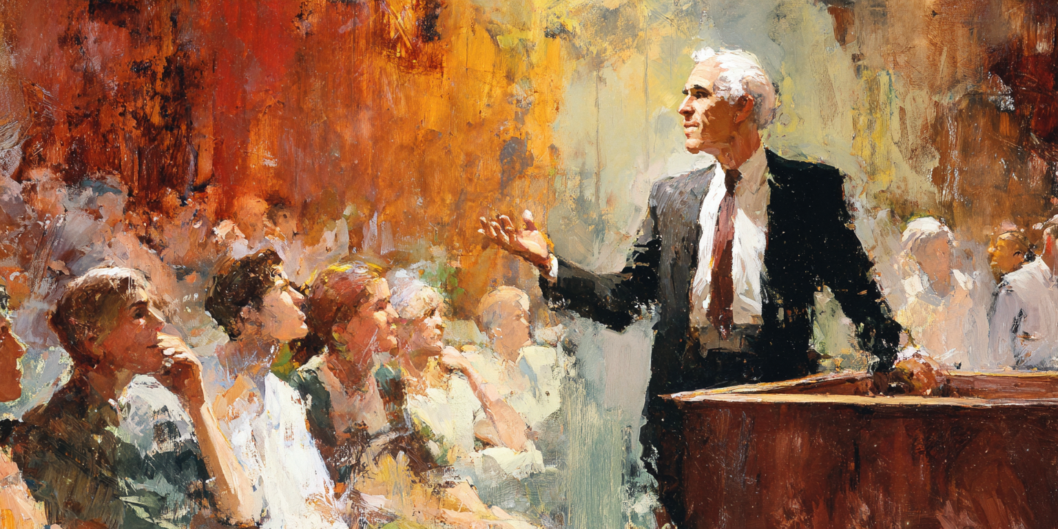 A modern-day prophet in a chapel setting speaks with warmth and firmness to a small group, reflecting how modern-day prophets adapt tone but preserve truth.