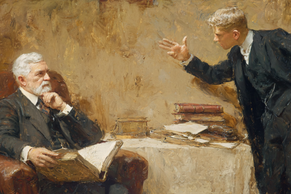 Taking Rauch’s Liberalism Seriously: A Response to Patterson A seated scholar refuses the offer of secular law while holding sacred writings, illustrating resistance to secular liberalism.