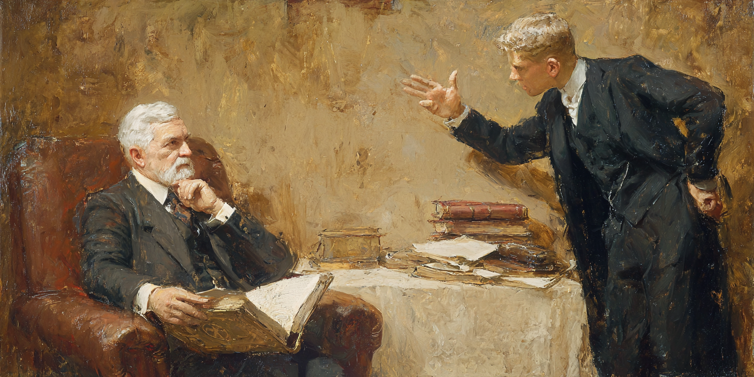 A seated scholar refuses the offer of secular law while holding sacred writings, illustrating resistance to secular liberalism.