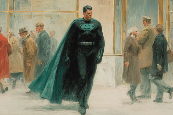 How We Lost Faith in the Hero’s Beginning A modern superhero stands ignored on a busy street, illustrating waning cultural belief in origin stories within superhero films.
