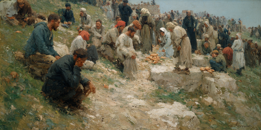 Followers look at empty hands beside loaves and fishes on the ground, evoking the human struggle with divine refusal.