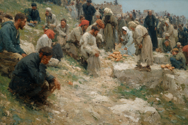 When God Refuses to Fix the World: The Politics of John 6 Followers look at empty hands beside loaves and fishes on the ground, evoking the human struggle with divine refusal.