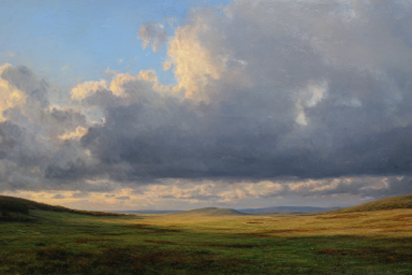 The Valley Where Adam Stood with God A radiant clearing opens in a quiet plain and gentle valley, portraying reverence for the gathering at Adam-ondi-Ahman.