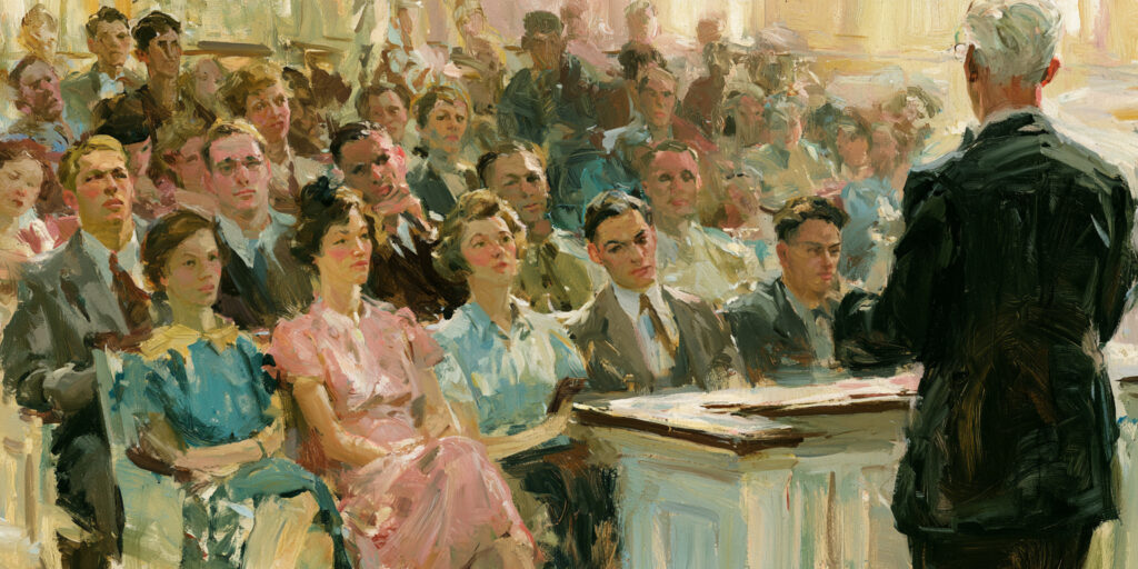 A congregation appears polite but disengaged, representing the soft rejection of prophets.