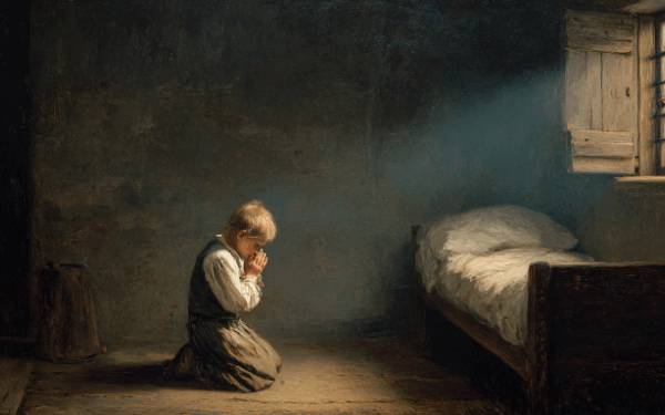 A child in moonlight kneels in prayer, symbolizing innocence, and the question ‘Does prayer work.’