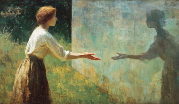 A woman reaches out in empathy to her own, shaded reflection, symbolizing empathy without knowledge.