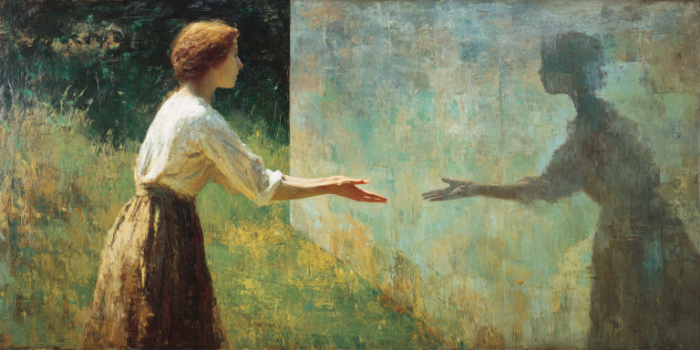 A woman reaches out in empathy to her own, shaded reflection, symbolizing empathy without knowledge.