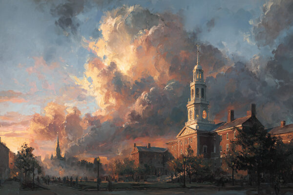 The Constitution Was Built on Human Weakness, Not Idealism Dark clouds loom over Independence Hall with light shining on the Constitution for Constitution Day.