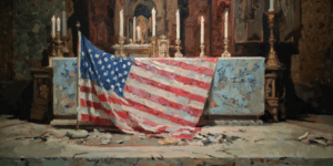 Christian nationalism is symbolized by the American flag replacing sacred symbols in a church, showing faith overtaken by politics.