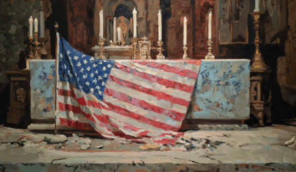 Perspective: Religion Can Support the Constitution. A Religious ‘Takeover’ Does Not Christian nationalism is symbolized by the American flag replacing sacred symbols in a church, showing faith overtaken by politics.