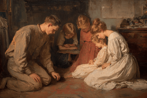 A family kneels in prayer by lamplight, reflecting russell m nelson’s call to peace through devotion and unity.