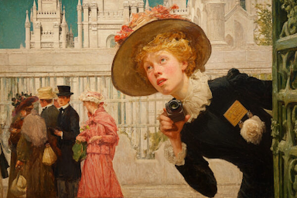 A modern female reporter in flashy clothes intrudes at a Latter-day Saint temple while others wait respectfully, illustrating journalism ethics.