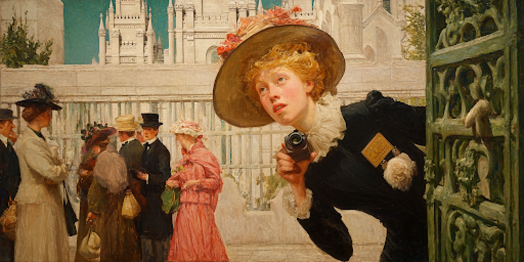 A modern female reporter in flashy clothes intrudes at a Latter-day Saint temple while others wait respectfully, illustrating journalism ethics.