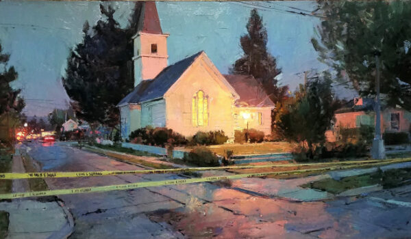 An LDS meetinghouse with a lit steeple and police tape conveys both sacredness and violation after church shootings.