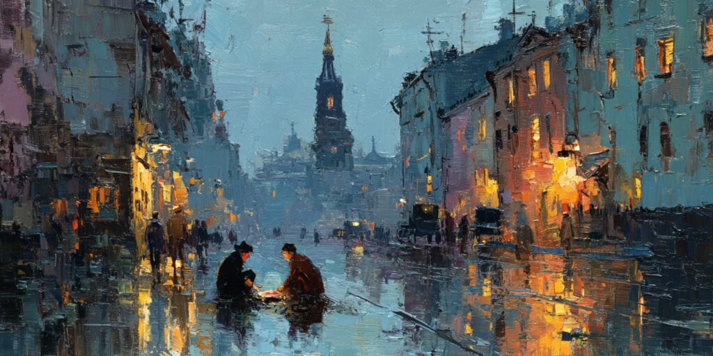 Neighbors quietly repair damage outside a bright chapel, reflecting calls for peace at the October 2025 General Conference.