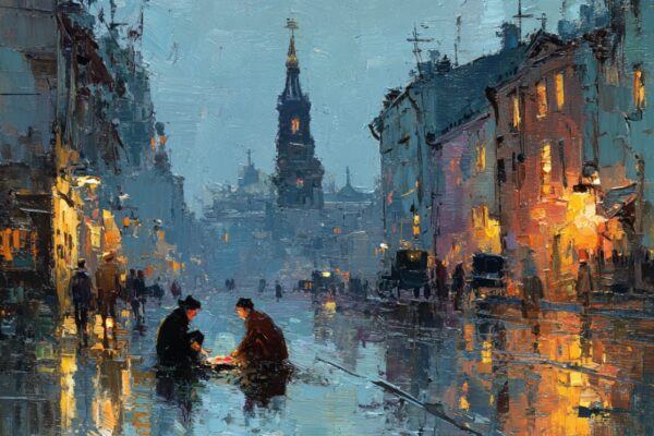 Neighbors quietly repair damage outside a bright chapel, reflecting calls for peace at the October 2025 General Conference.