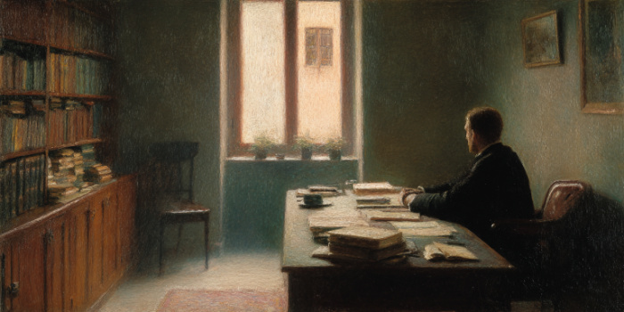 A scholar contemplates light through his study window during a faith crisis, symbolizing reflection and revelation.