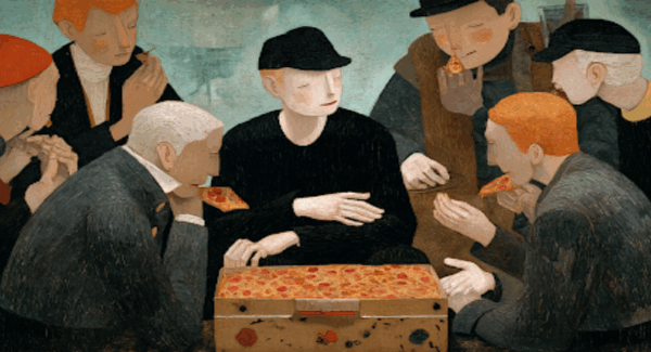 Five figures express distinct reactions toward one slice of pizza, illustrating all five conflict management styles.