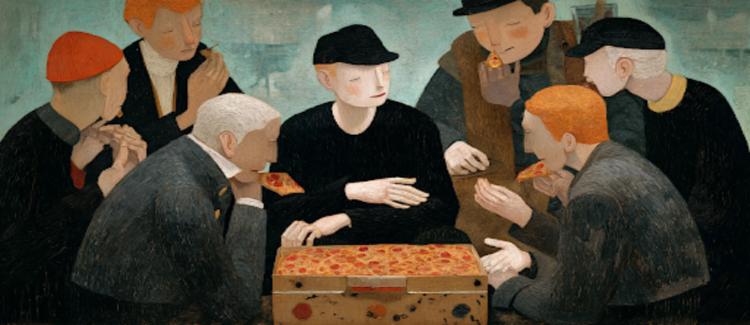 Five figures express distinct reactions toward one slice of pizza, illustrating all five conflict management styles.