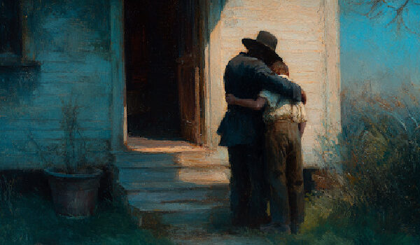 A father embraces his son at a doorway, symbolizing repentance as the beginning of relational healing.