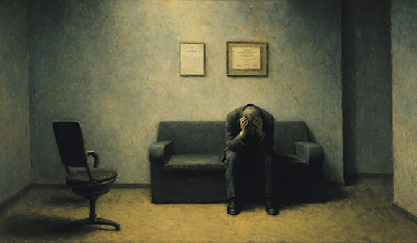 A therapist sits in despair on the therapy sofa beneath credentials, the empty chair representing therapist divorce.