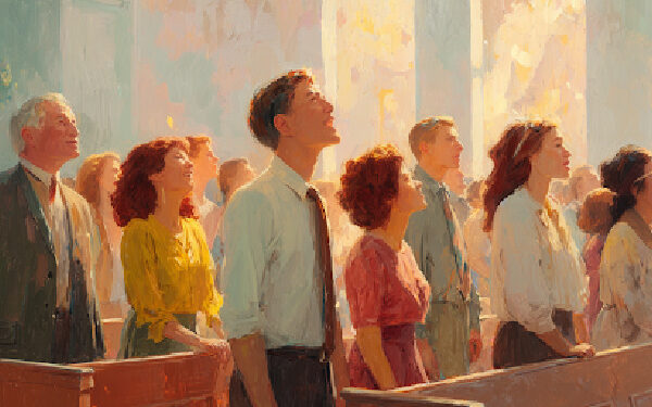 A Mormon choir performs joyfully in a bright LDS chapel, showing unity, harmony, and belonging.