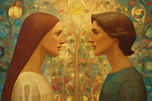 Eve and Adam stand face to face, symbolizing divine equality and shared authority in women and the priesthood.
