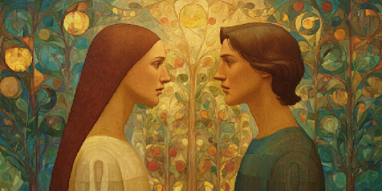 Eve and Adam stand face to face, symbolizing divine equality and shared authority in women and the priesthood.