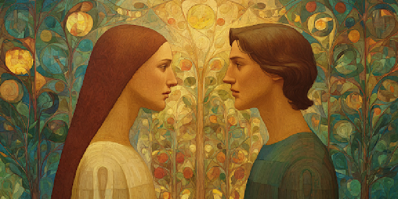 Eve and Adam stand face to face, symbolizing divine equality and shared authority in women and the priesthood.