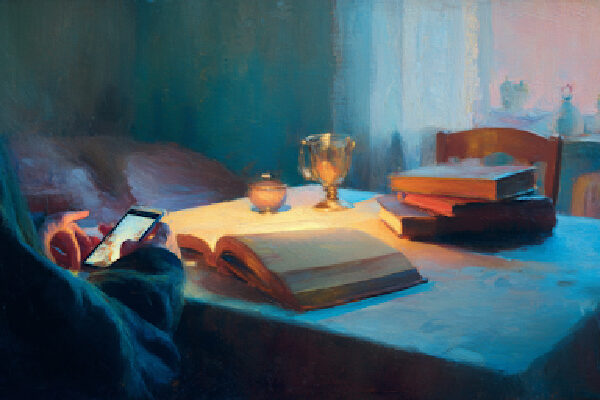 The Machine That Listens Before You Pray A softly lit room contrasts a glowing device and an open book, evoking tension between AI and faith.