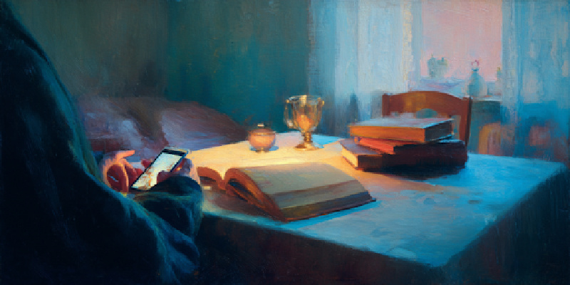A softly lit room contrasts a glowing device and an open book, evoking tension between AI and faith.