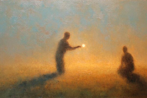 Two abstract forms on a hazy baseball field convey power and meekness through a quiet, offering gesture.