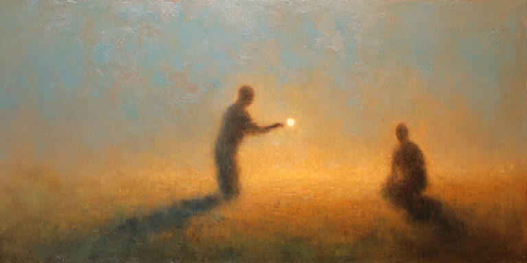 Two abstract forms on a hazy baseball field convey power and meekness through a quiet, offering gesture.
