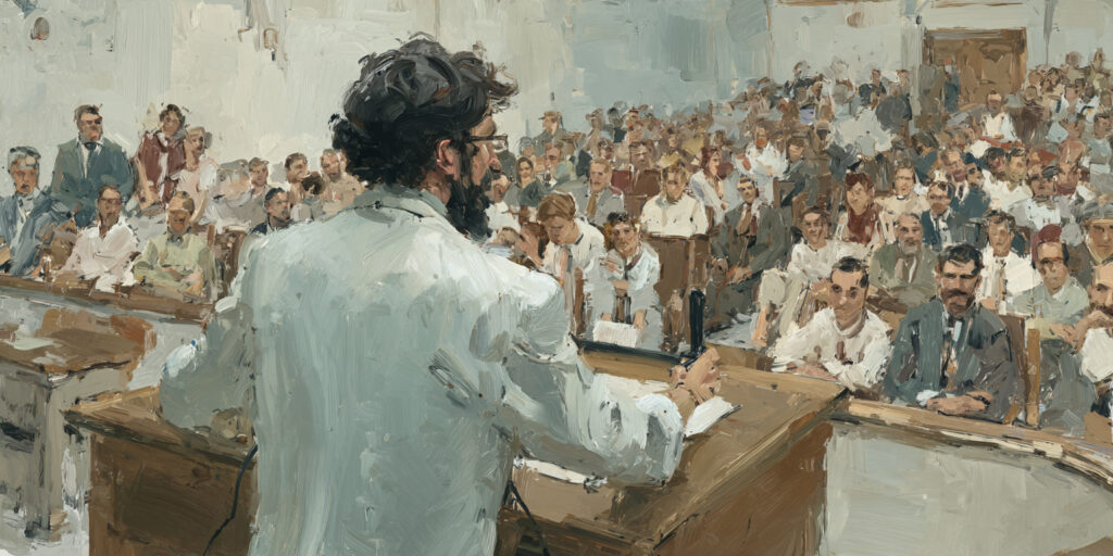 A doctor addresses a tense crowd in a lecture hall, capturing the conflict around trust in medical expertise.