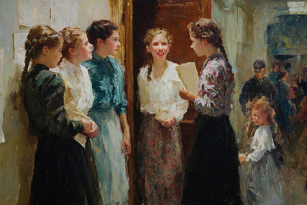 Teen girls chat in a chapel hallway as one holds a mission call, reflecting rising anticipation around the LDS sister missionary age change.