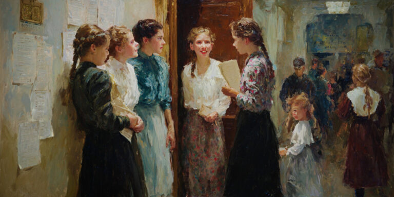 Teen girls chat in a chapel hallway as one holds a mission call, reflecting rising anticipation around the LDS sister missionary age change.