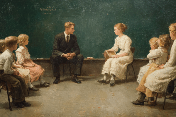 A bright Latter-day Saint classroom with a young couple teaching children in metal folding chairs, highlighting everyday child safety and care contrasted with Surviving Mormonism.