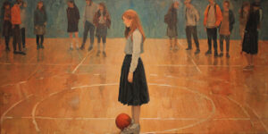 A student isolated on a court while peers whisper, symbolizing the cruelty of blame culture.