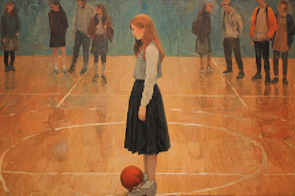 A student isolated on a court while peers whisper, symbolizing the cruelty of blame culture.