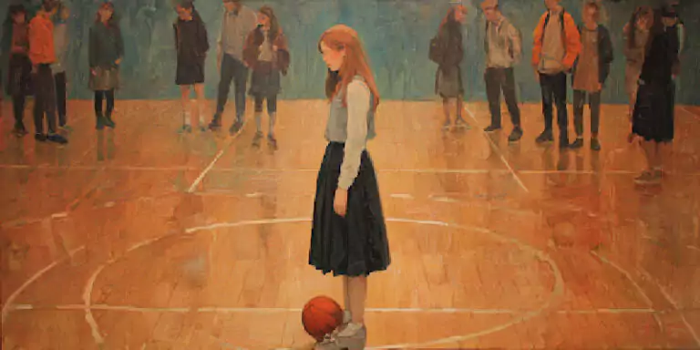 A student isolated on a court while peers whisper, symbolizing the cruelty of blame culture.