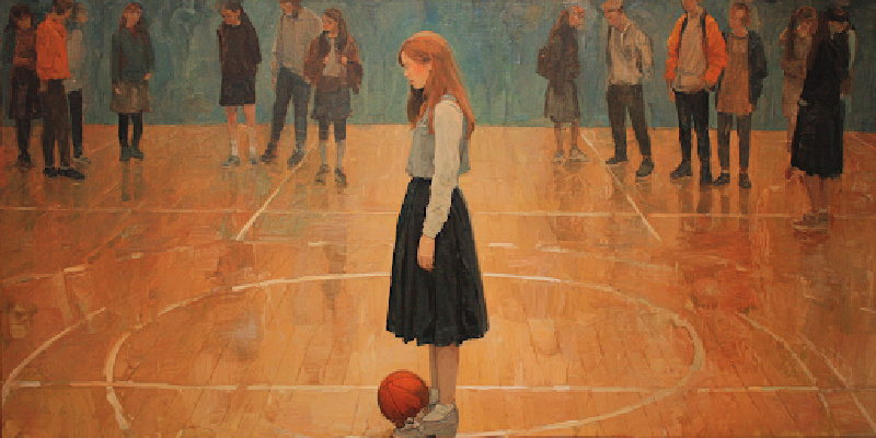 A student isolated on a court while peers whisper, symbolizing the cruelty of blame culture.