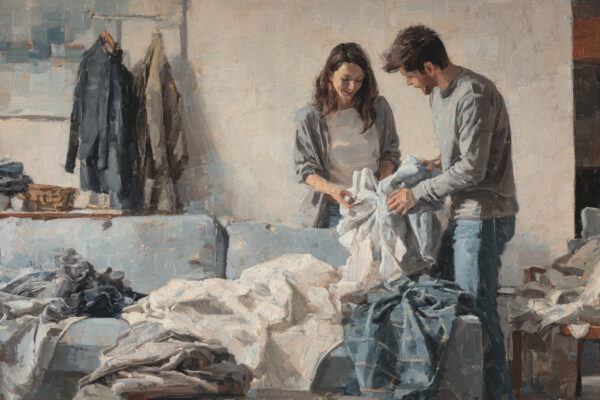 Two spouses in jeans and sweaters fold laundry together, laughing softly. Ordinary shared work shows how daily sacrifice strengthens commitment in marriage.