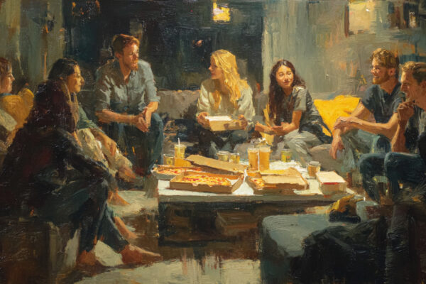 Friends together discussion current events, illustrating the ability of people to overcome political division in America.